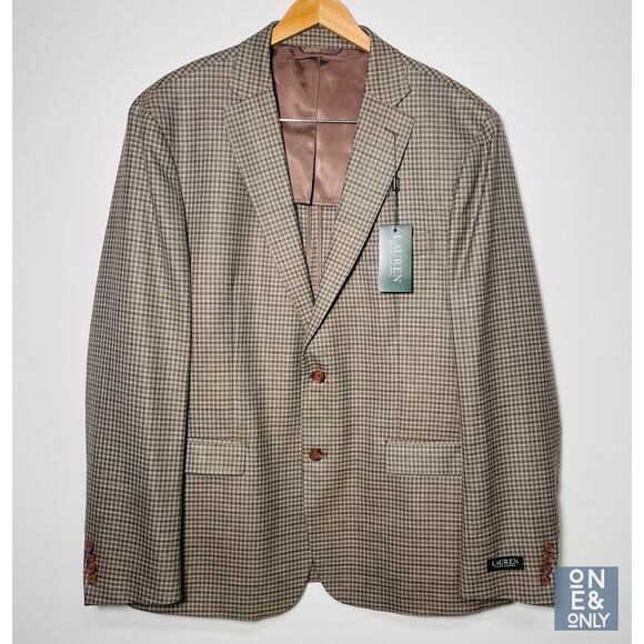NWT RALPH LAUREN 46 L Silk Wool Blazer Tan Brown Mini Houndstooth Front Pockets